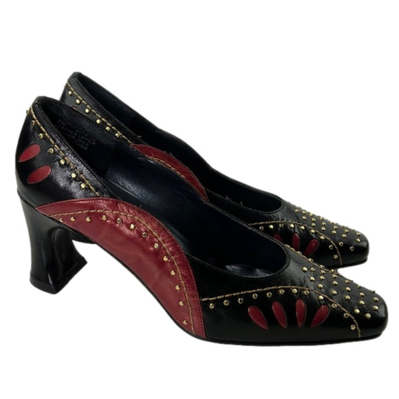 Margaret Jerrold  Vintage Patterned Red & Black Pumps with Gold Beading - Size 7 - Picture 1 of 11